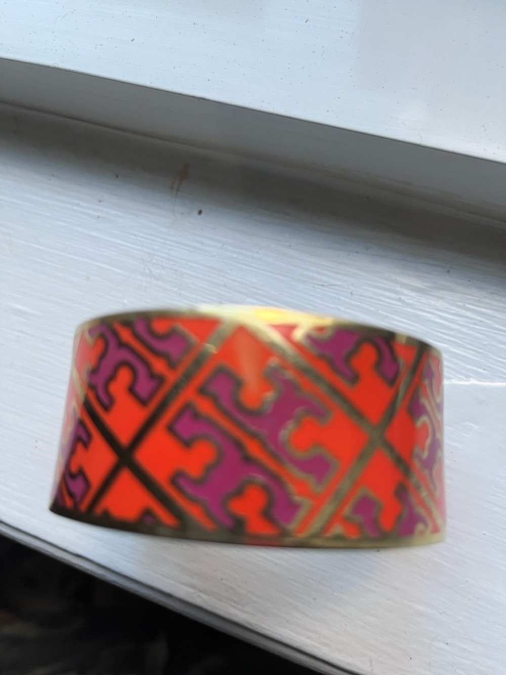Tory Burch Red and Purple Logo Print Cuff Bracelet